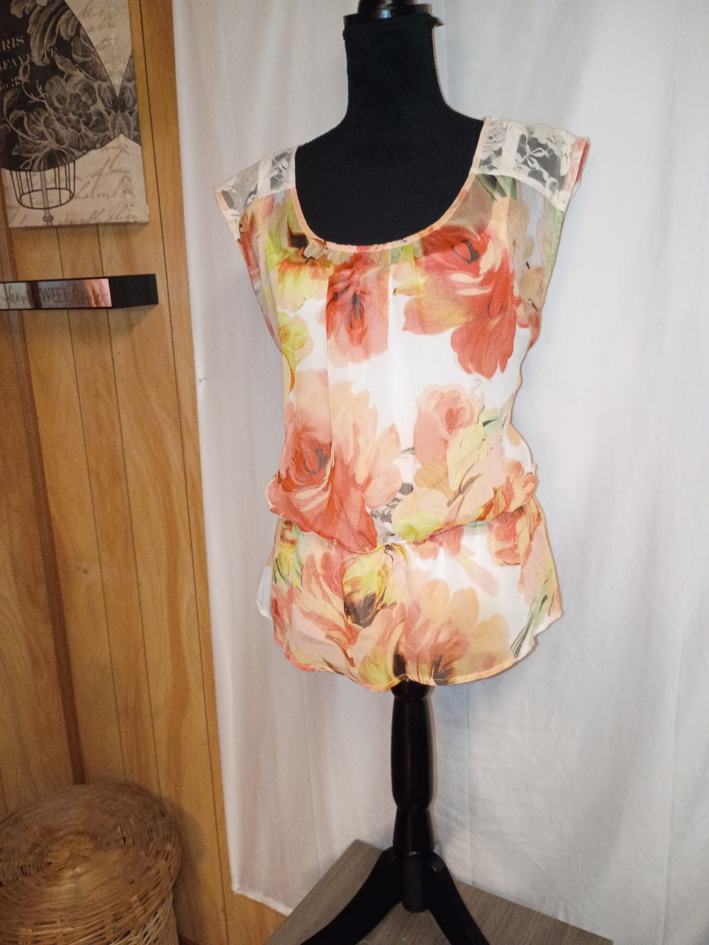 AGB Floral Blouse in White with Coral and Green Accents